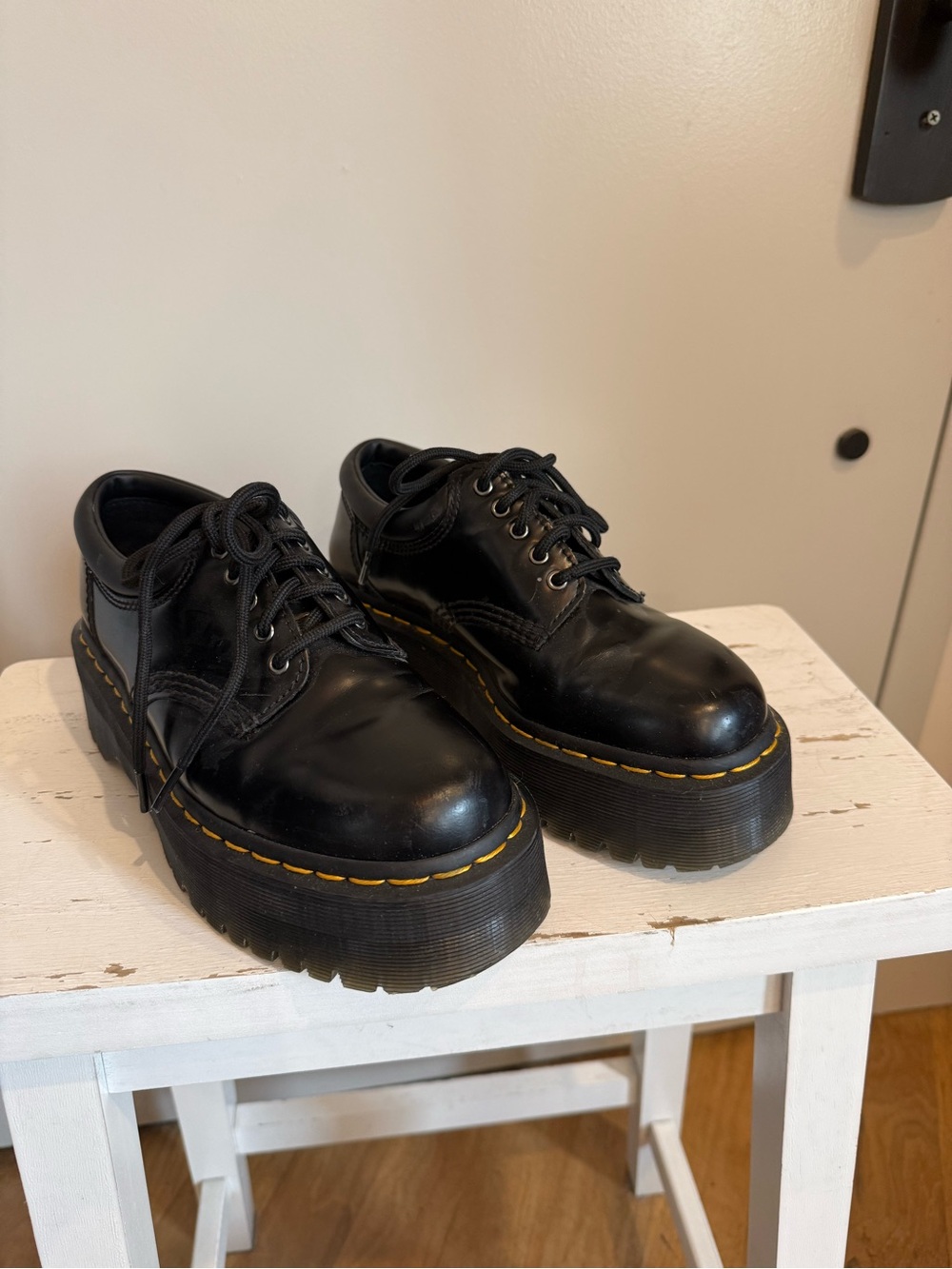 Dr. Marten 8053 Quad Platform Shoes- Classic black with yellow stitching